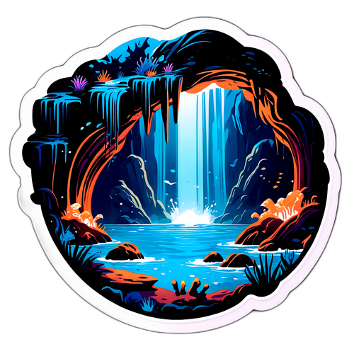 Mythische Meereshöhle mit leuchtenden Wasserfällen