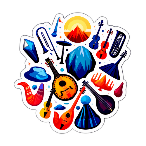 Kleurrijke sticker die de diversiteit van de mineraaltocht en verschillende instrumenten uitdrukt
