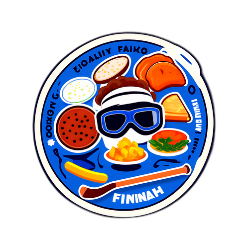 Samolepka s tradičními finskými pokrmy a hokejovými prvky