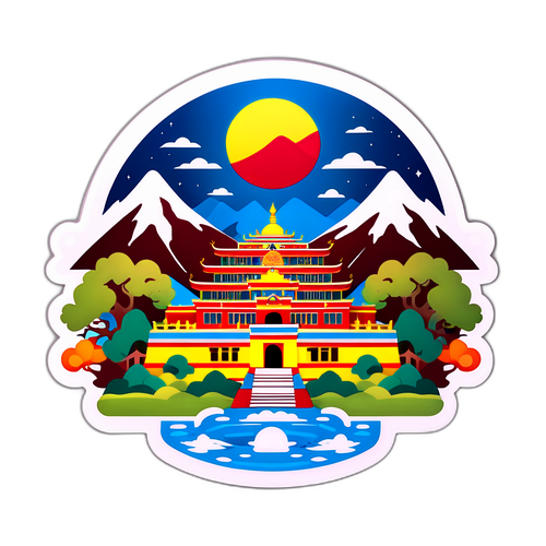西藏风景与传统文化元素结合的贴纸设计