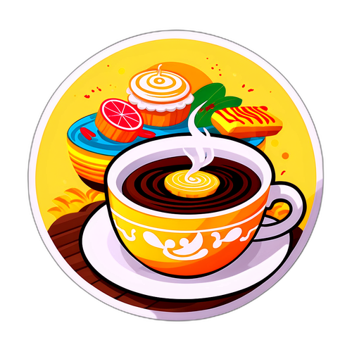 Sticker hình cốc cà phê nóng và bánh truyền thống Việt Nam