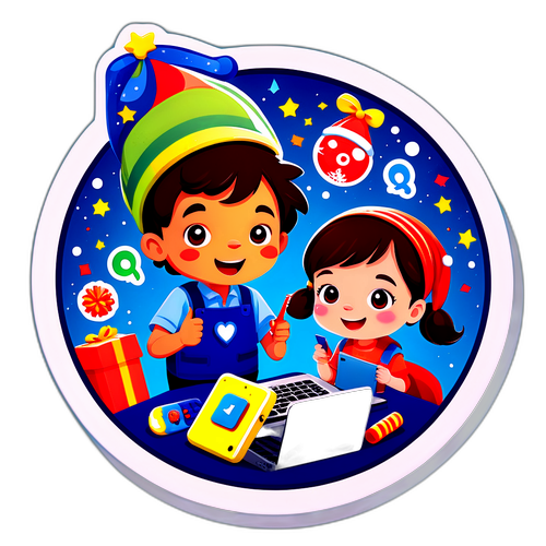 Ilustrasi Stiker Meriah dengan Anak-anak Menggunakan Gadget Pembelajaran