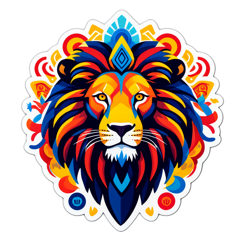 Stickerontwerp met een kleurrijke leeuw en culturele symbolen