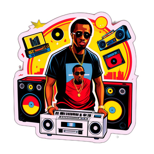 Retro sticker van P Diddy met vinylplaten en boomboxes