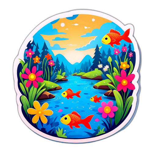 Whimsical Cartoon Brook with Fish