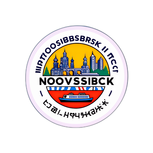 Стикер с символикой Новосибирска: метро и городская панорама, с текстом 'Новосибирск на связи!'