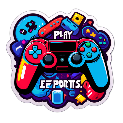 Наклейка с изображениями известных игровых консолей и контроллеров, с текстом "Играй в киберспорт!"