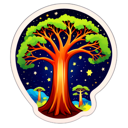 Whimsisk klistremerke av baobabtrær i Madagaskar under stjernehimmel