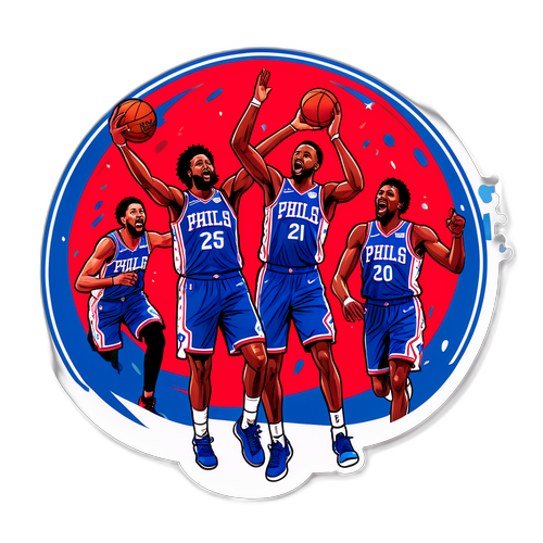 An Illustrated Sticker of the 76ers Celebrating a Three-Pointer