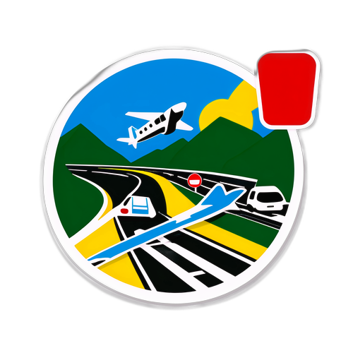 Sticker van een Italiaanse snelweg met verkeersborden en een neerstortend vliegtuig