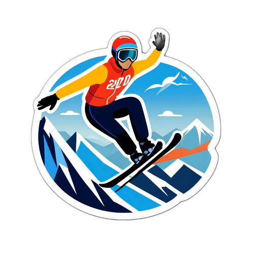 Autocolant cu schior în zbor pe fundal montan