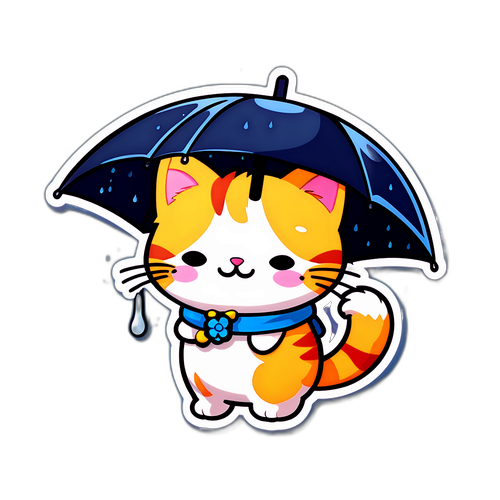 비 오는 날 우산을 쓴 귀여운 고양이