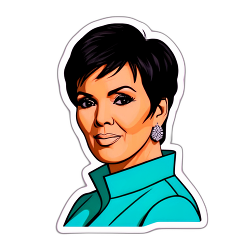 A stylizovaná postava Kris Jenner v nejnovějších módních trendech s nápisem 'Sophisticated Elegance'