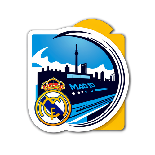 Diseño de un sticker de Real Madrid con la frase '¡Vamos Madrid!' y el estadio Santiago Bernabéu