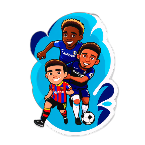 Челси и Барселона в виде карикатурных игроков, забивающих гол