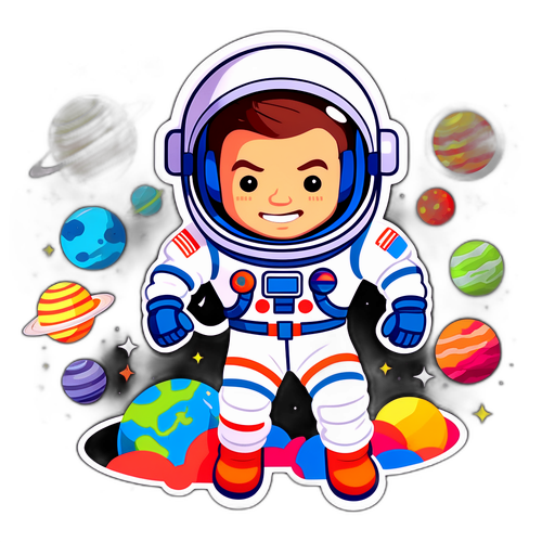 Sticker z astronautą w kolorowej przestrzeni