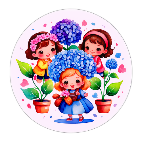 かわいい水彩スタイルのキャラクターが紫陽花を楽しむイラスト
