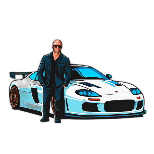 Jason Statham avec des lunettes de soleil et une voiture stylée, prêt pour une course