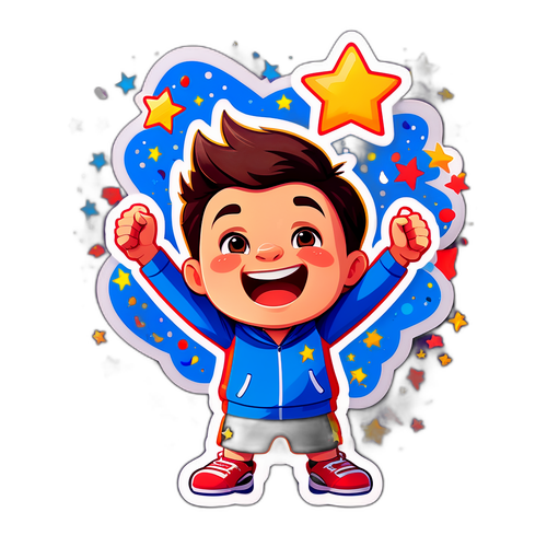 Sticker van Jenno Berckmoes die juicht met sterren en confetti