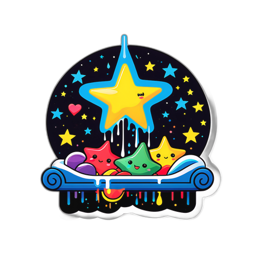 Художественное изображение звезд шоу, лежащих под каплями, с надписью "Звезды всегда на связи"