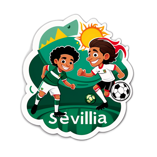 Autocolant de desen animat cu personaje din Sevilla și Elche jucând fotbal