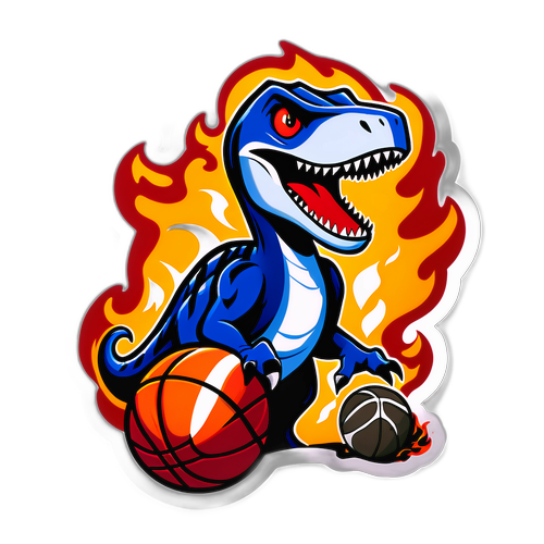 Autocollant représentant l'équipe des Raptors avec un dinosaure jouant au basketball entouré de flammes