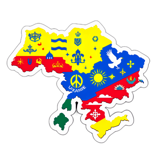 Hartă artistică a Ucrainei cu simboluri de pace și unitate