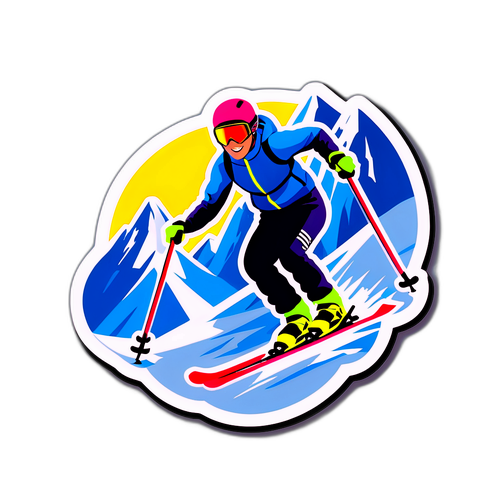 Värikäs tarra sisäisestä jäätiköstä, jossa nuori urheilija nauttii alppihiihdosta auringonpaisteessa