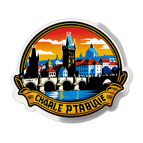 Sticker de la ciudad de Praga con la silueta del Puente de Carlos y el logo de Sparta Praga