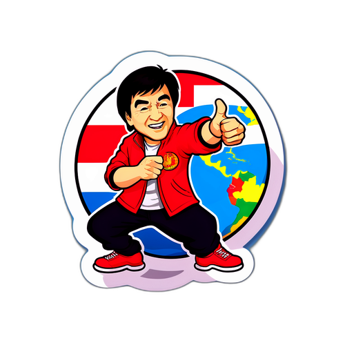 Una pegatina de Jackie Chan viajando por el mundo