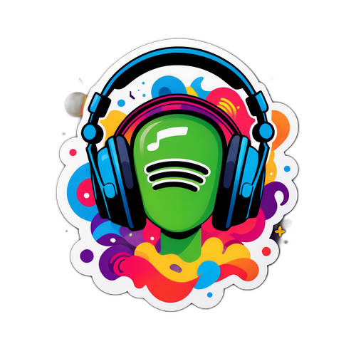 Một bản vẽ đầy màu sắc về âm nhạc đang phát qua tai nghe với logo Spotify