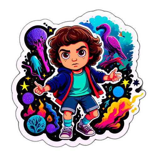 Nálepka s malou postavou v akční scéně