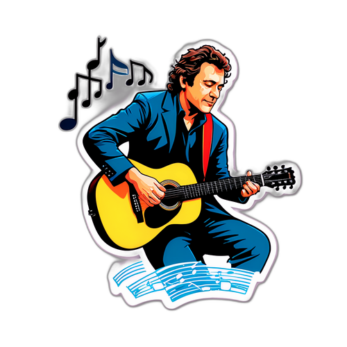 Een muzikale sticker van Laurent Voulzy met een gitaar en drijvende noten