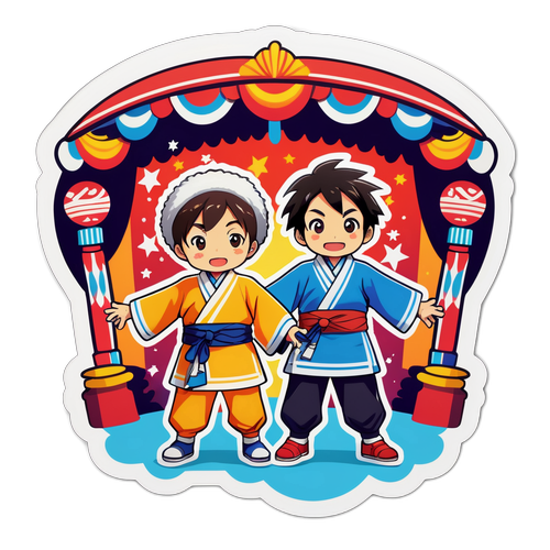 カラフルなステージ背景でのフルカラーのスキット