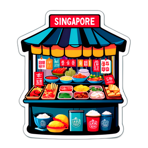 En kreativ illustration av Singapores matmarknad med stånd och läckra rätter