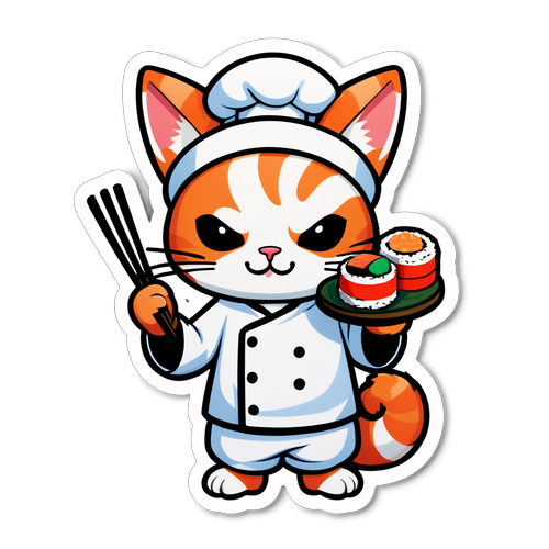 Masayang Sticker ng Pusa Bilang Sushi Chef