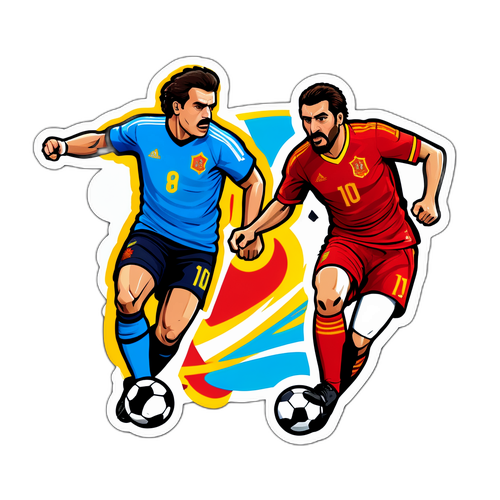 Un autocolant cu o confruntare epică între jucătorii de fotbal din Turcia și Spania