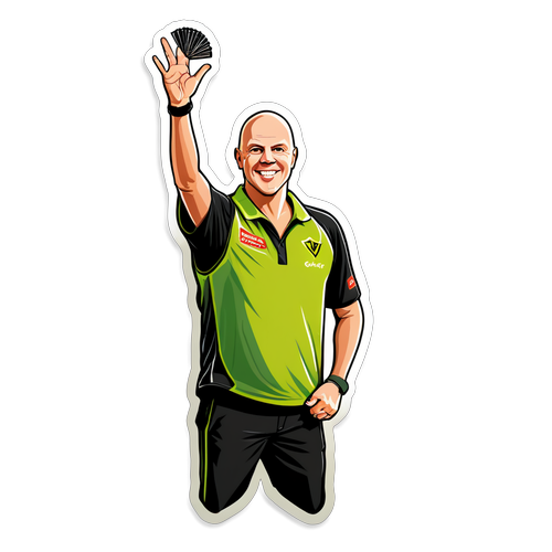 Sticker met een gestileerd portret van Van Gerwen, met darts die uit zijn hand komen