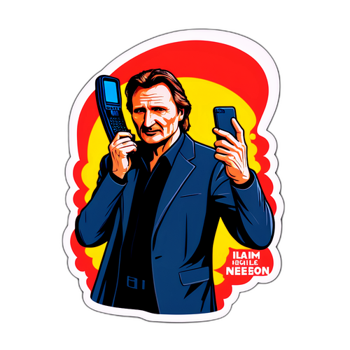 Ett humoristiskt klistermärke med Liam Neeson