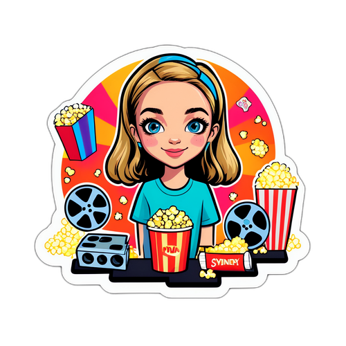 En quirky tegneserie af Sydney Sweeney med farverige filmruller og popcorn