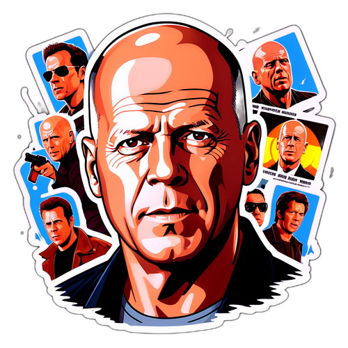 Portrait de Bruce Willis avec scènes emblématiques de ses films d'action