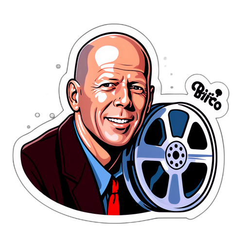 ס sticker בשפעת רטרו של ברוס ויליס עם סרט קולנוע קלאסי ברקע