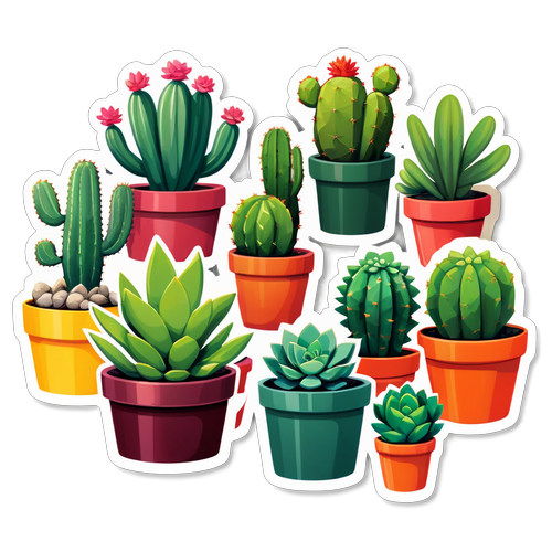 Botanical Illustration of Succulents and Cacti in Colorful Pots
