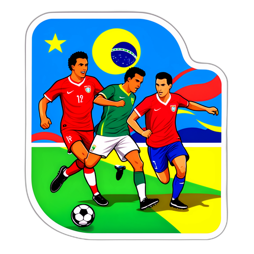 מדבקה מציגה את משחק כדורגל בין ברזיל לטוניסיה