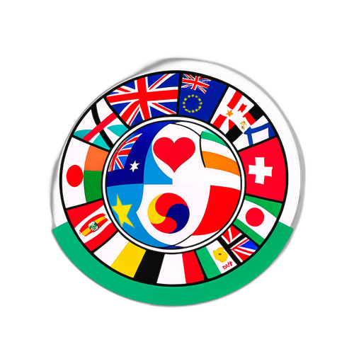 Thiết kế nhãn dán của một quả bóng lăn với các quốc kỳ khác nhau, thể hiện sự đoàn kết và tình yêu thể thao