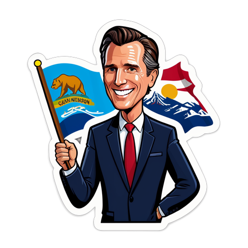 Karakatur av Gavin Newsom med California-statens flagg
