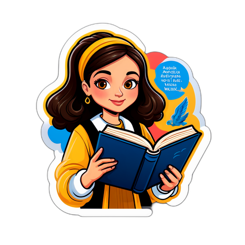 Σχεδίαση με τη Μαρία Αριστοτέλους κρατώντας ένα βιβλίο με διάφορες φράσεις από τα έργα της