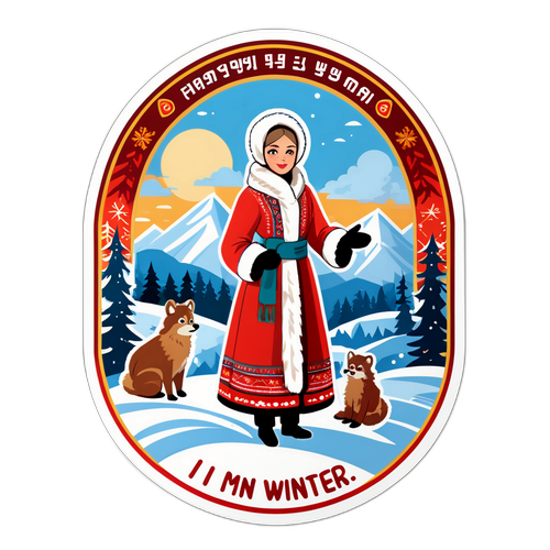 Стикер в традиционном русском стиле на фоне зимних пейзажей