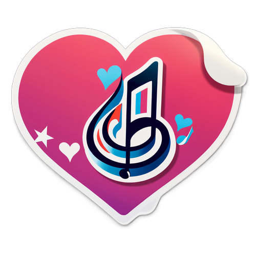 Een sticker met een muzieknoot en een hart