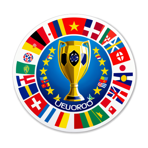 Stylowy sticker przedstawiający trofeum UEFA Euros otoczone flagami krajów uczestniczących